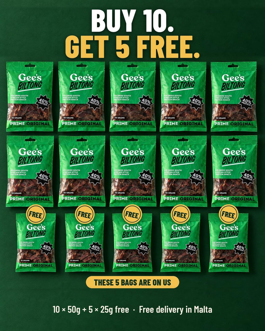 Gee's Biltong Stock-Up Pack: buy 10, get 5 free