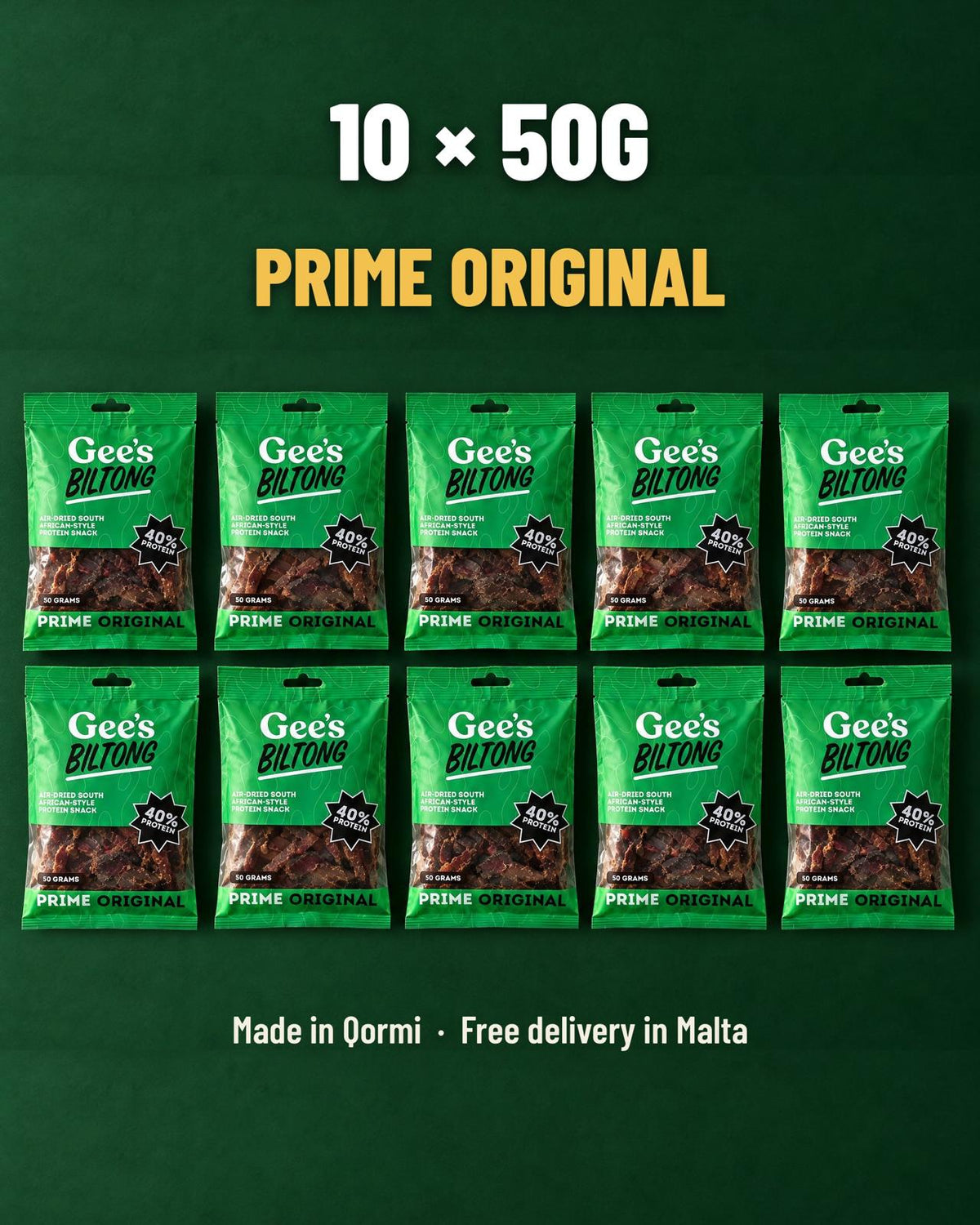 Gee's Biltong 10-pack: 10 x 50g bags of Prime Original