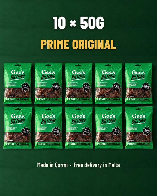 Gee's Biltong 10-pack: 10 x 50g bags of Prime Original